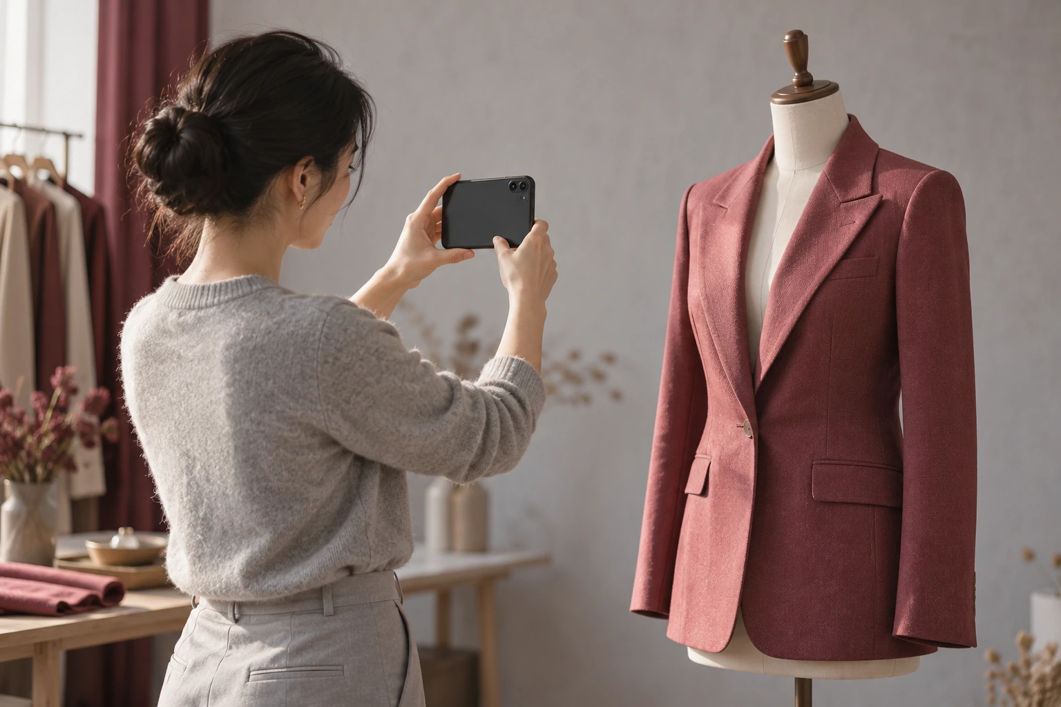服装经营者准备线上产品展示的场景示意