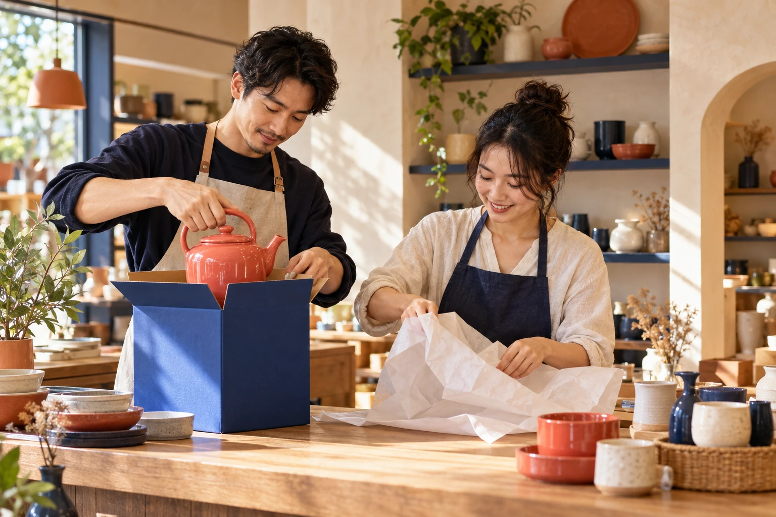 经营者与伙伴在小型商店安排货品的场景示意
