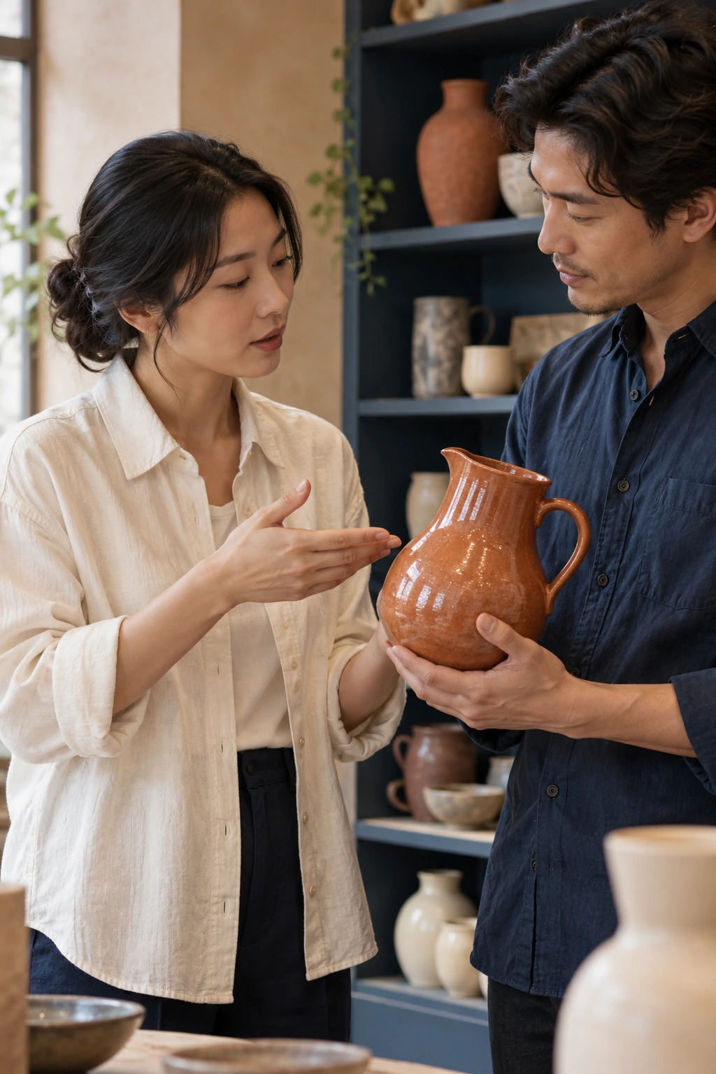 经营者与协作人员交流真实业务的近景示意
