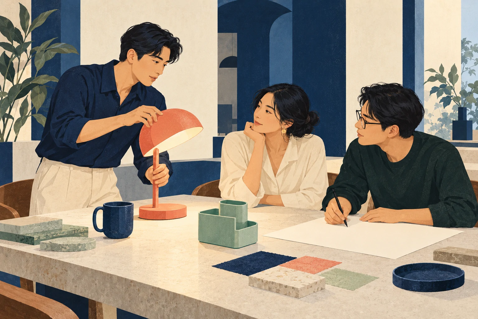 创业伙伴围绕具体产品讨论业务方向的商业插画