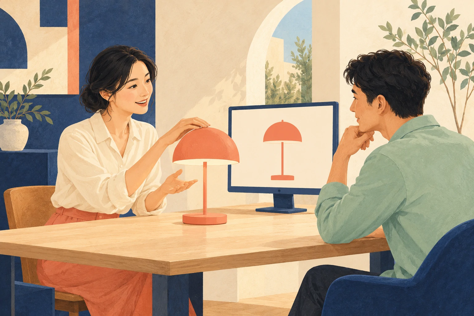 经营者通过实物与屏幕向访客解释业务的插画