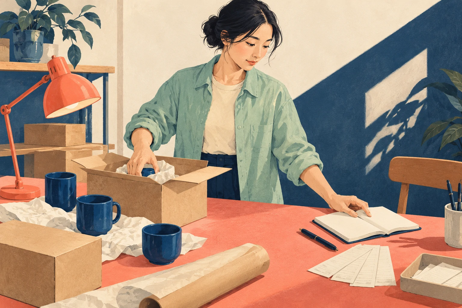 业务工作面上产品、包装与记录分别安排的商业插画