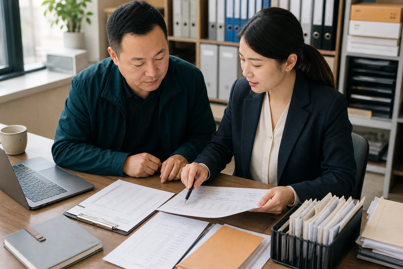 会计与企业人员核对账务资料的业务场景示意