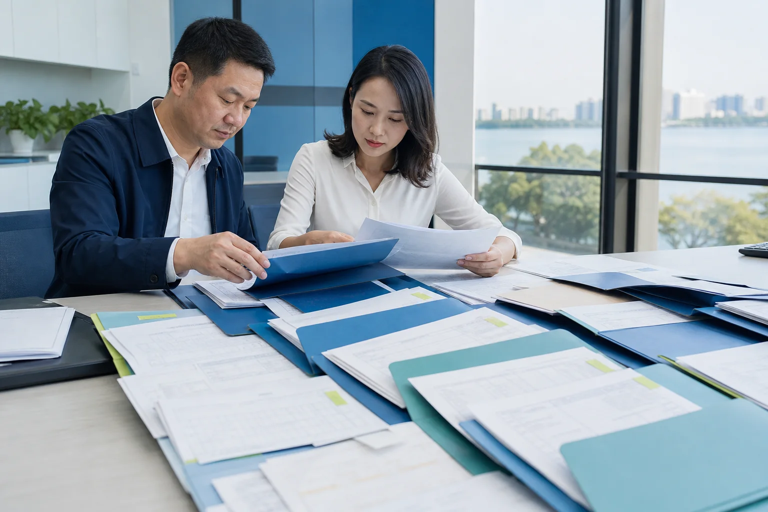 企业负责人与财务人员核对资金及账务资料的场景示意