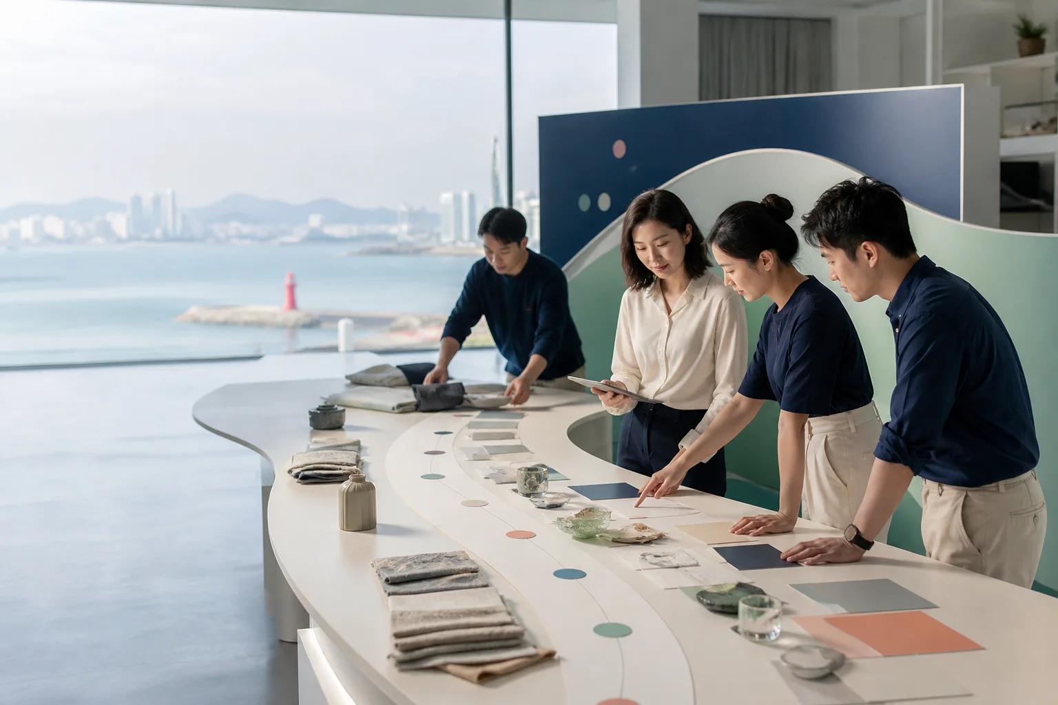 团队对照商品与业务展示资料讨论实际经营安排的场景示意