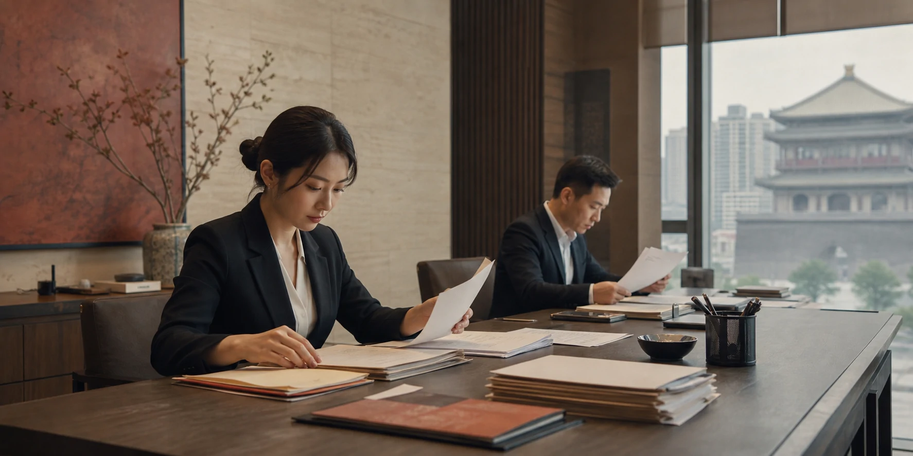 工作人员整理公司文件的业务意象