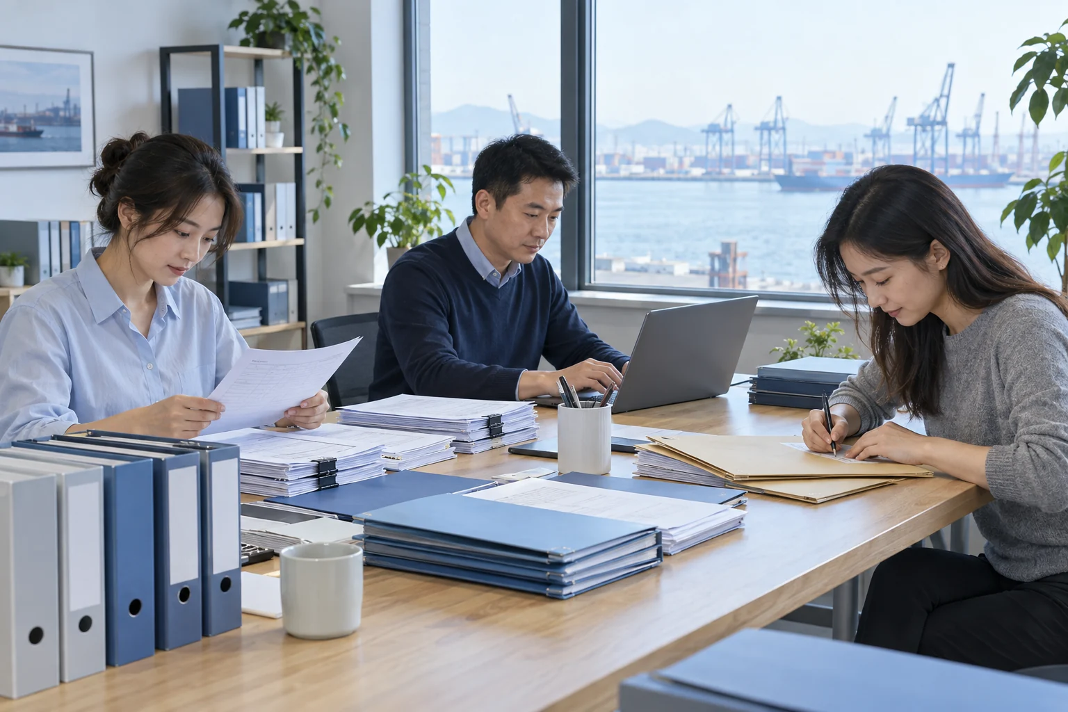 团队共同核对业务与申请资料的场景示意