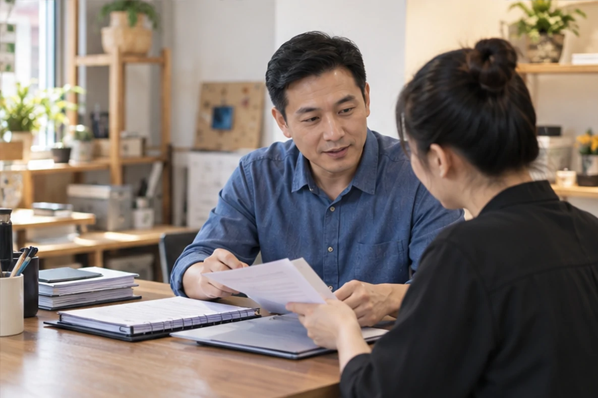 核对注册公司资料与办理事项的服务场景示意