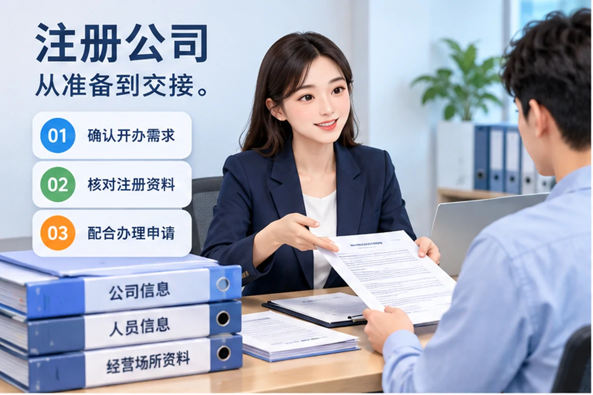 核对注册公司资料与办理事项的服务场景示意