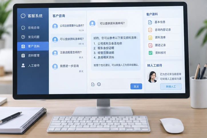 在线客服接待与咨询整理的服务场景示意