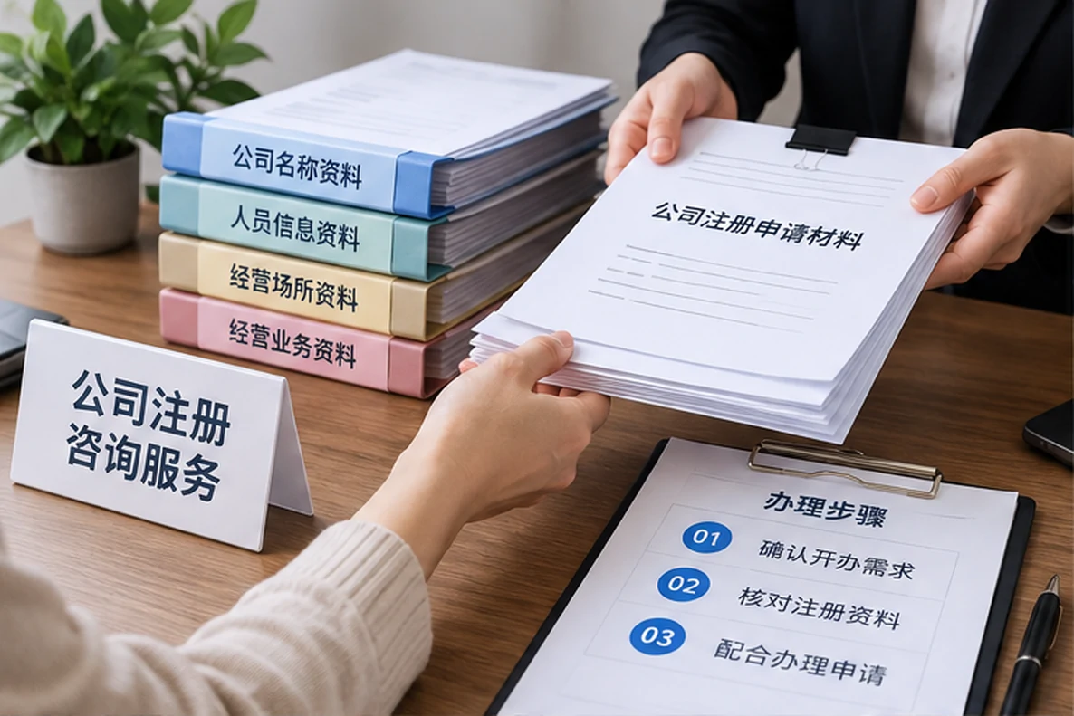 核对注册公司资料与办理事项的服务场景示意