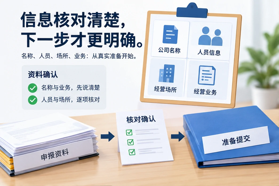 核对注册公司资料与办理事项的服务场景示意