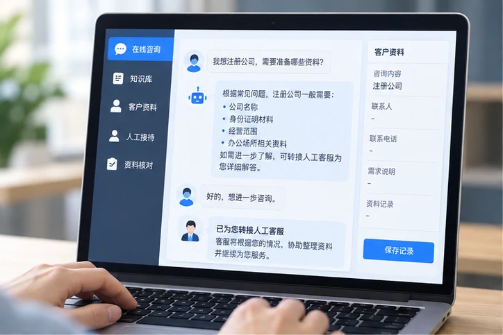 在线客服接待与咨询整理的服务场景示意