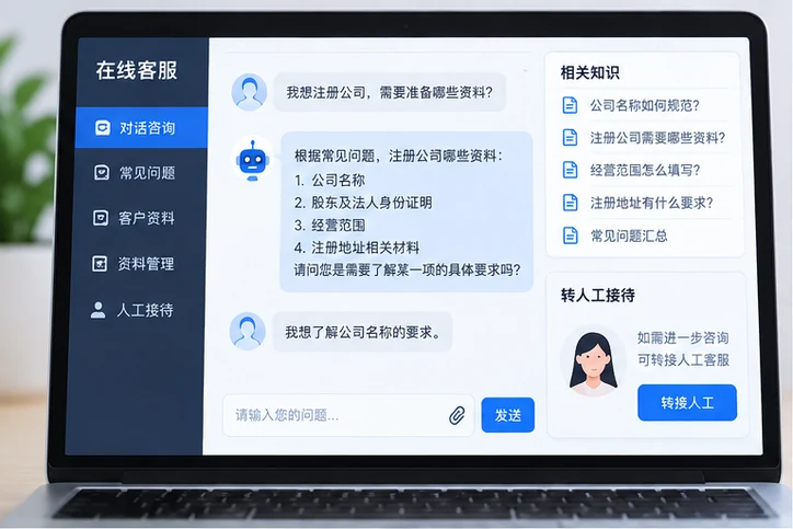 在线客服接待与咨询整理的服务场景示意