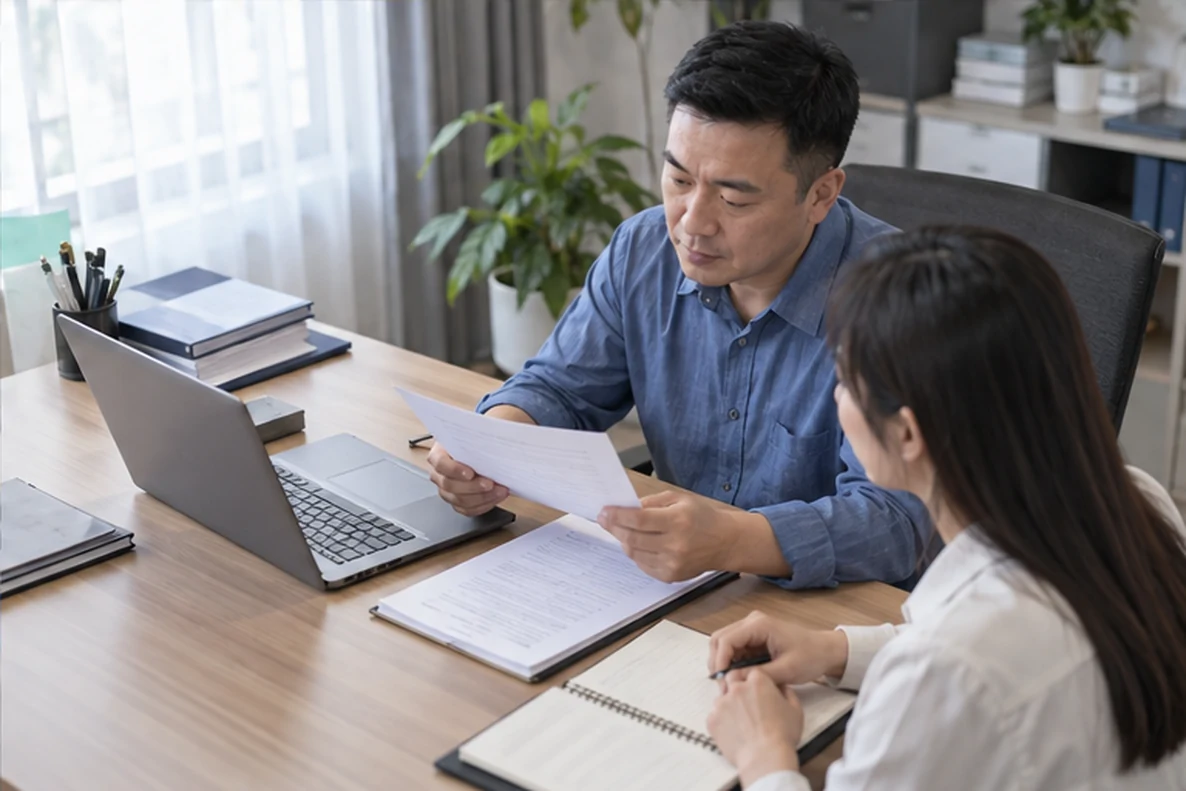 核对注册公司资料与办理事项的服务场景示意