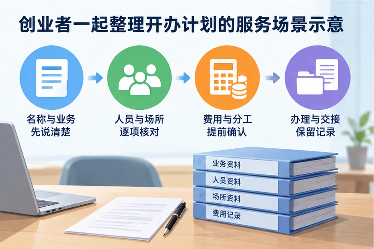 创业者一起整理开办计划的服务场景示意
