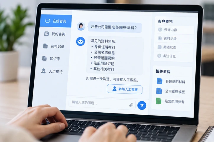 在线客服接待与咨询整理的服务场景示意