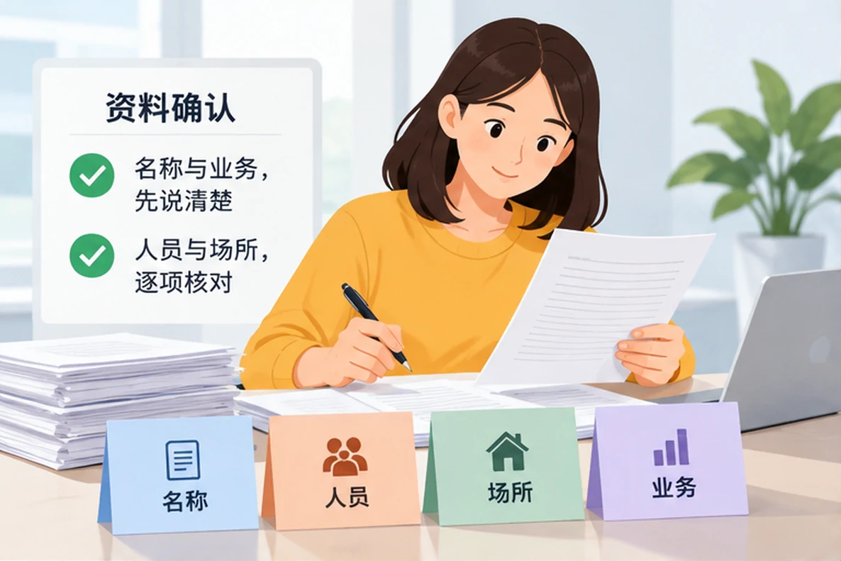 核对注册公司资料与办理事项的服务场景示意