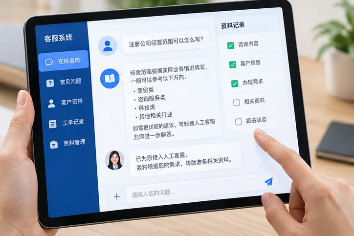 在线客服接待与咨询整理的服务场景示意