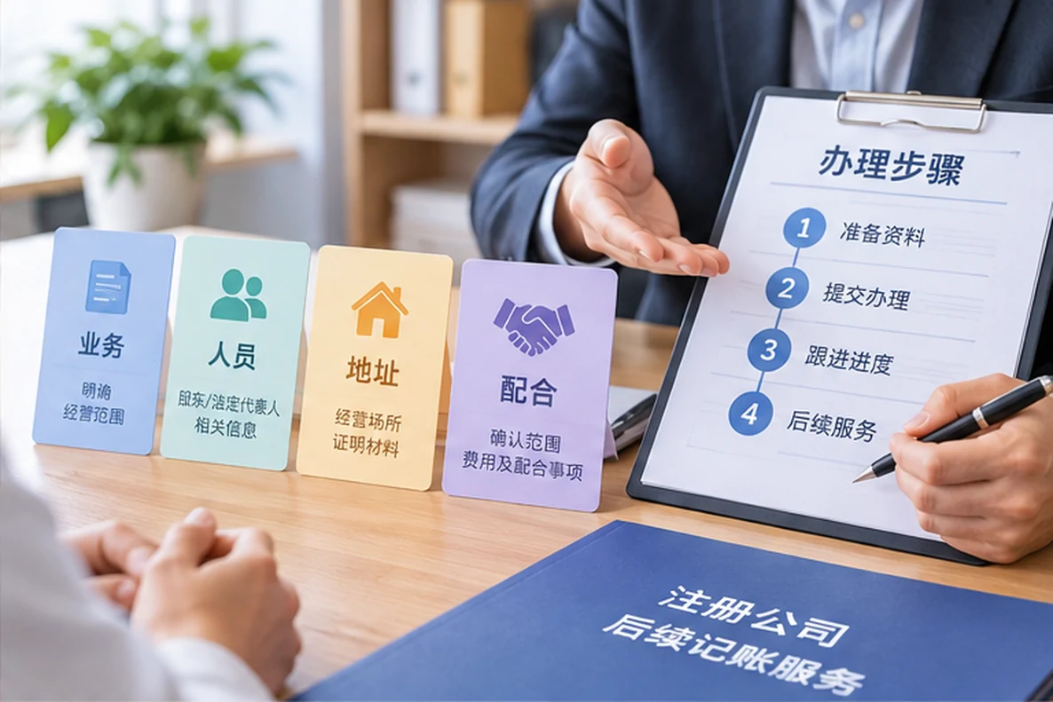 核对注册公司资料与办理事项的服务场景示意