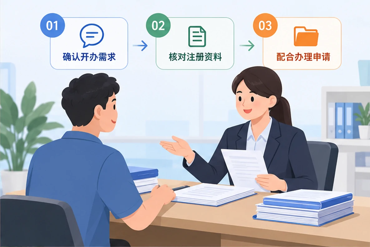 核对注册公司资料与办理事项的服务场景示意