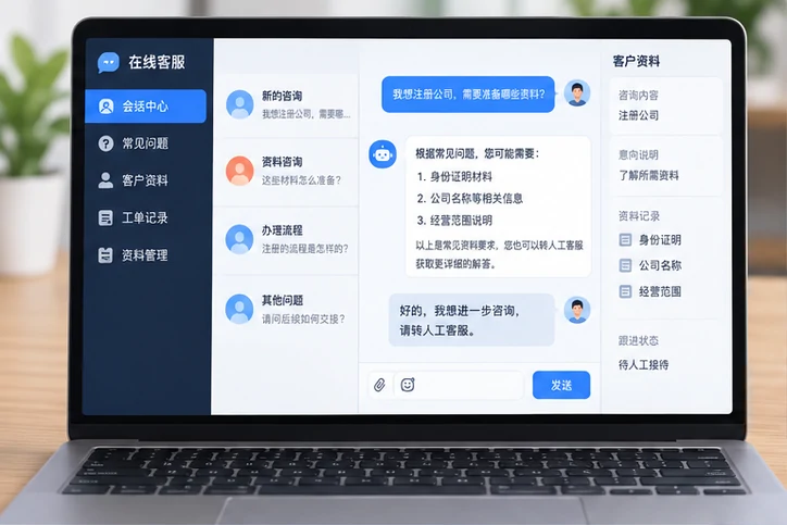在线客服接待与咨询整理的服务场景示意
