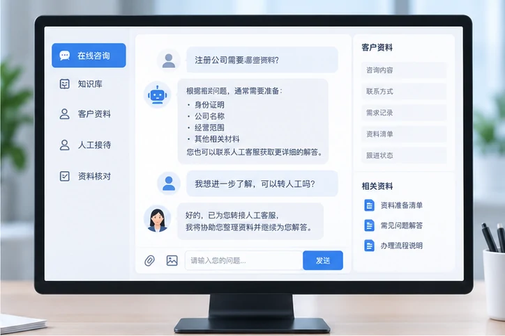 在线客服接待与咨询整理的服务场景示意