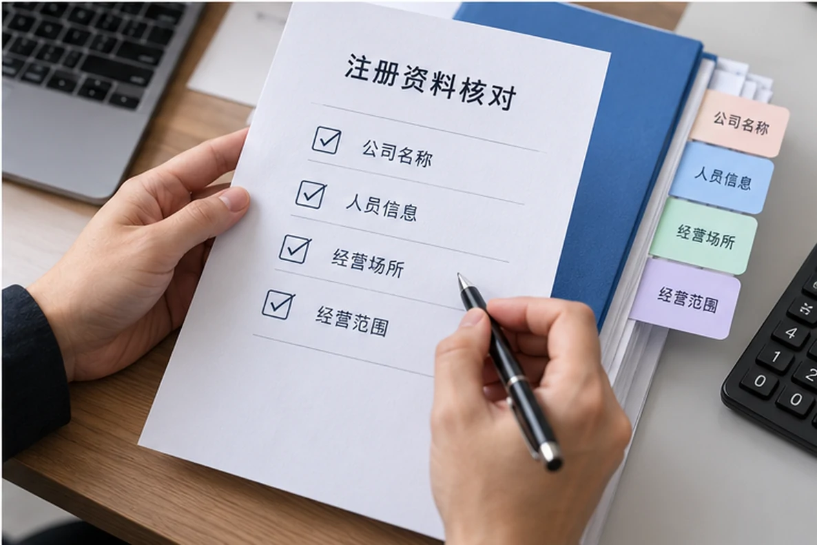 核对注册公司资料与办理事项的服务场景示意