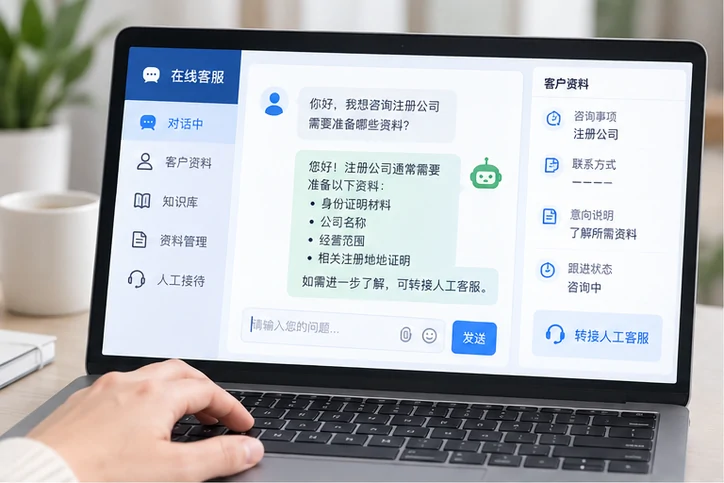 在线客服接待与咨询整理的服务场景示意