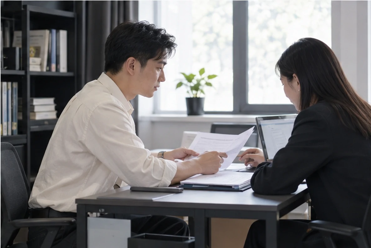 核对注册公司资料与办理事项的服务场景示意
