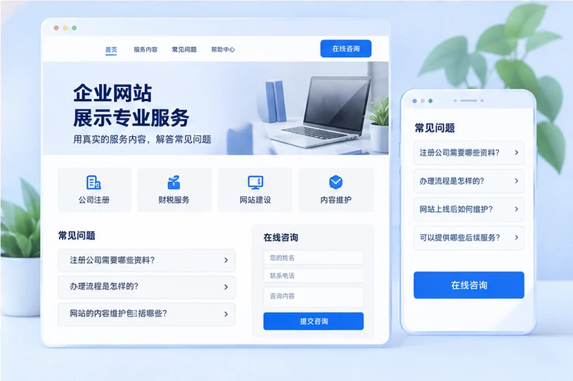 企业网站展示业务与服务信息的场景示意