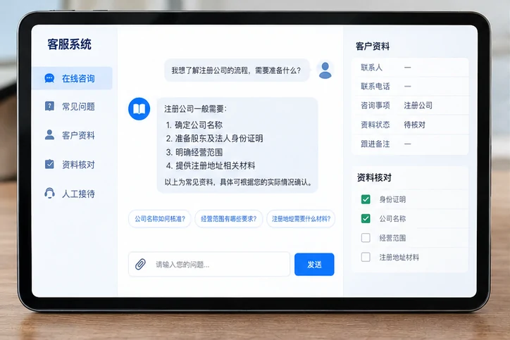 在线客服接待与咨询整理的服务场景示意
