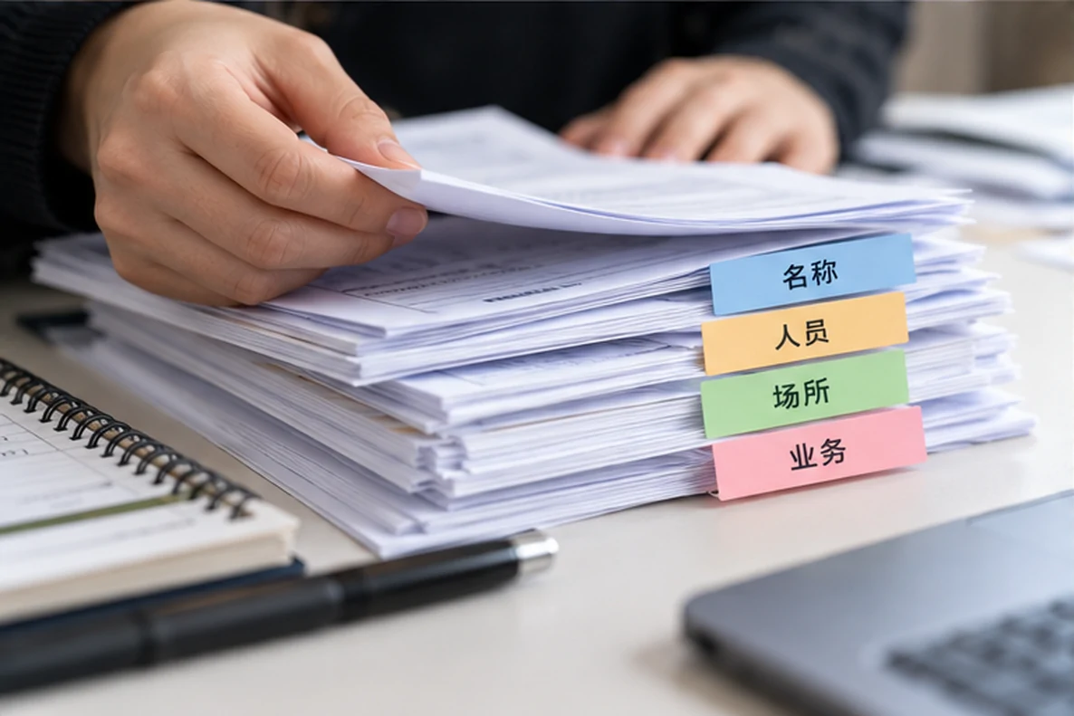 核对注册公司资料与办理事项的服务场景示意