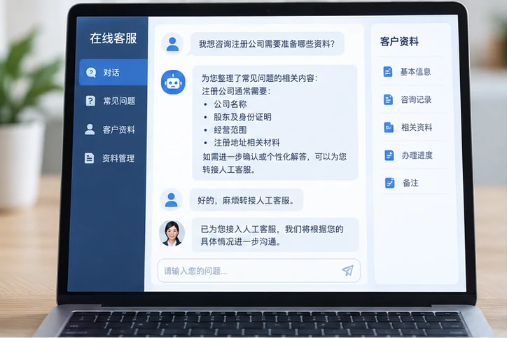 在线客服接待与咨询整理的服务场景示意