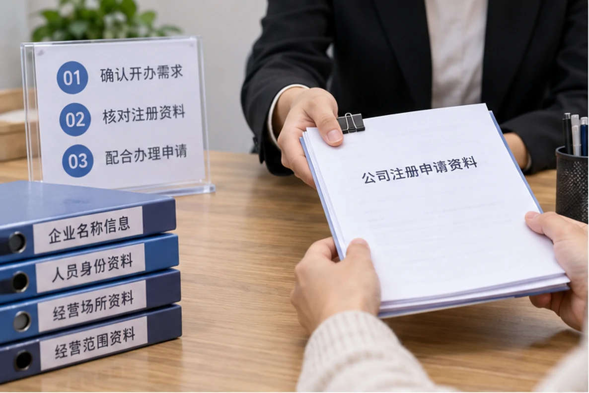 核对注册公司资料与办理事项的服务场景示意