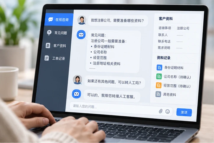 在线客服接待与咨询整理的服务场景示意