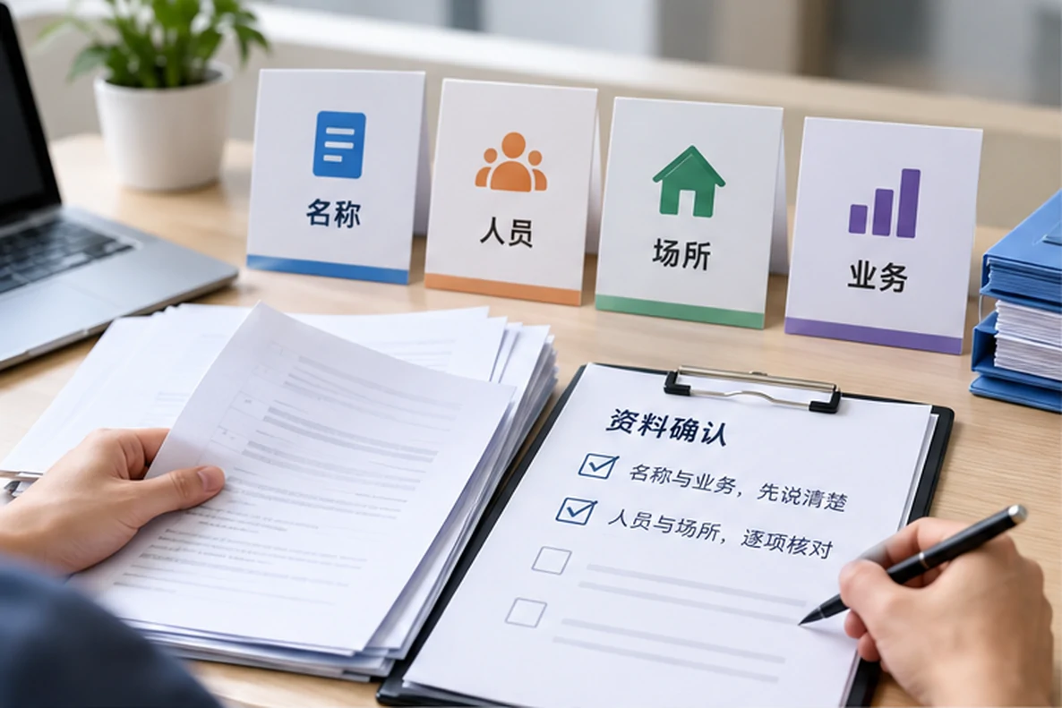 核对注册公司资料与办理事项的服务场景示意