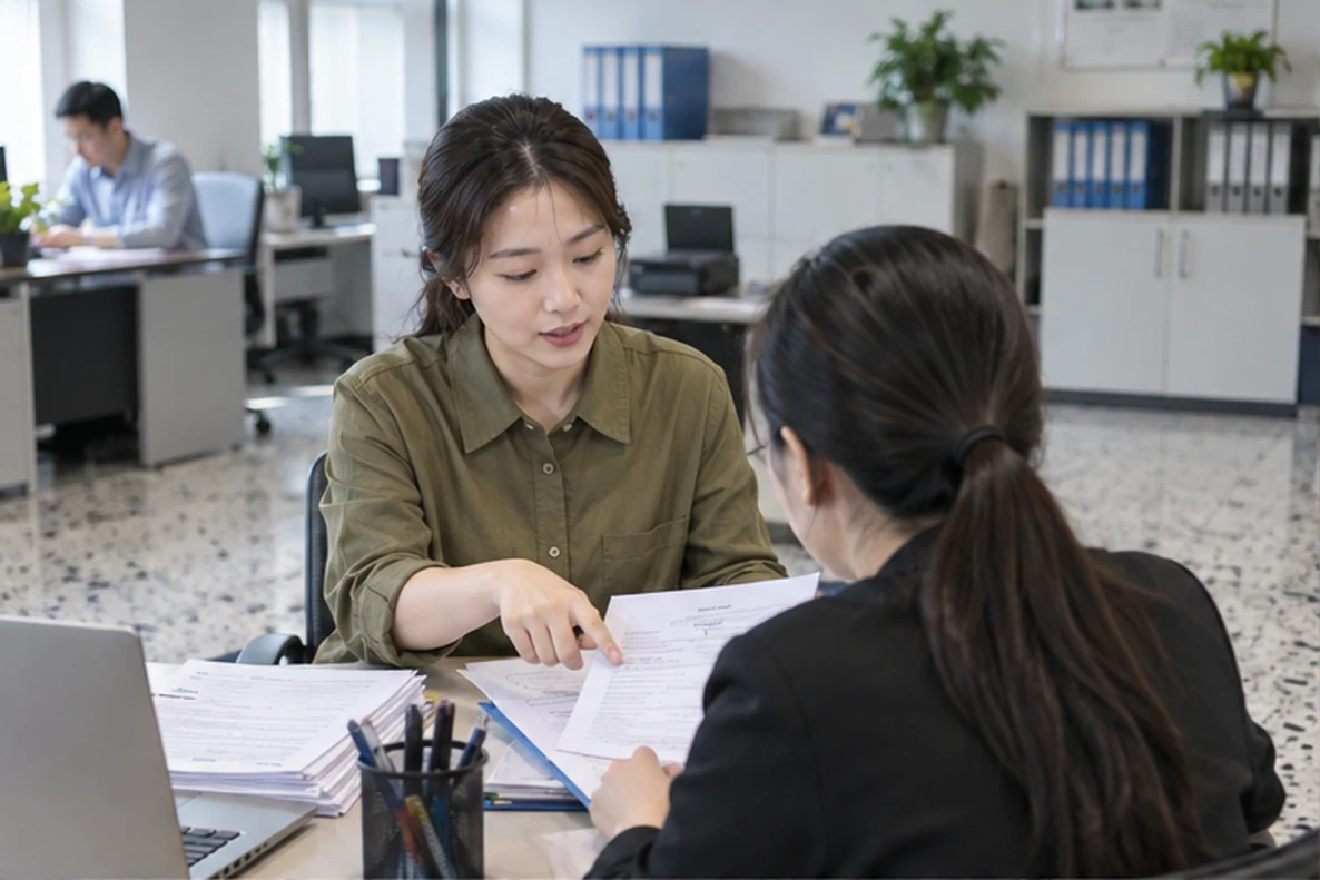 核对注册公司资料与办理事项的服务场景示意