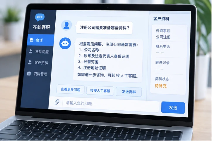 在线客服接待与咨询整理的服务场景示意