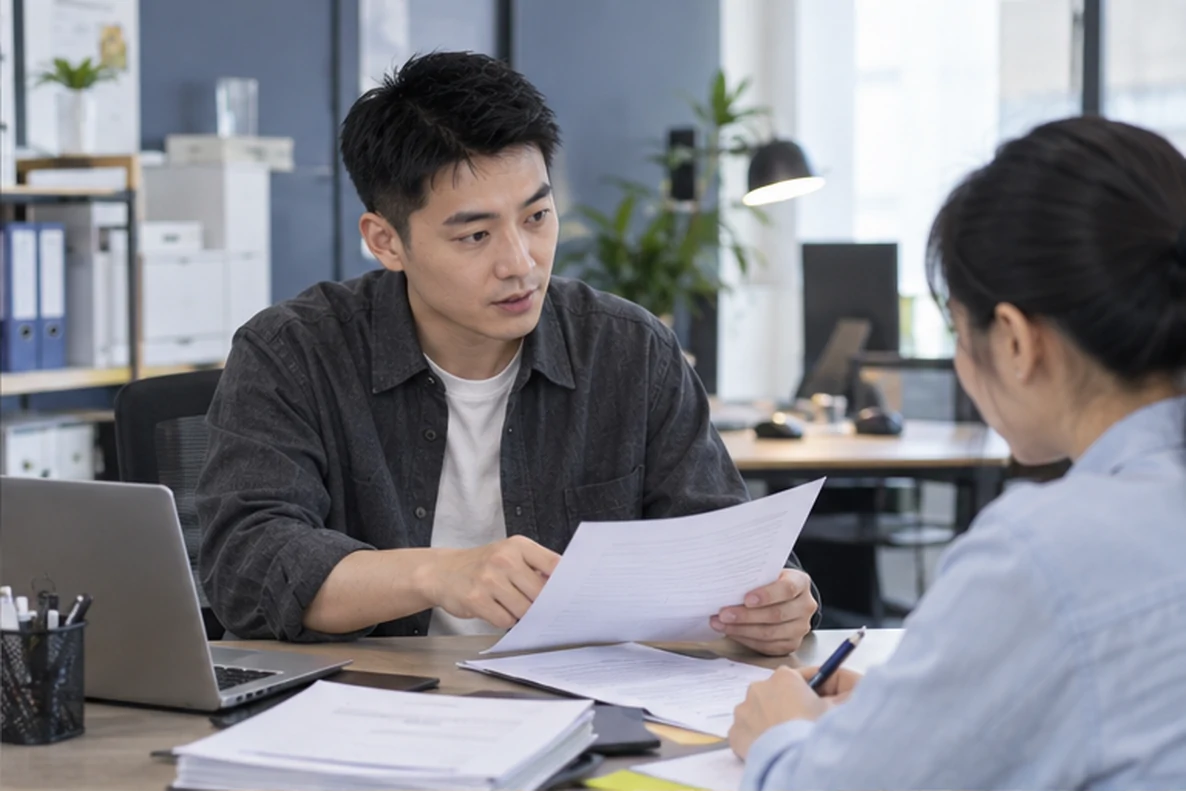 核对注册公司资料与办理事项的服务场景示意