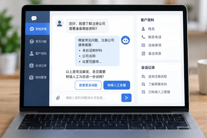在线客服接待与咨询整理的服务场景示意