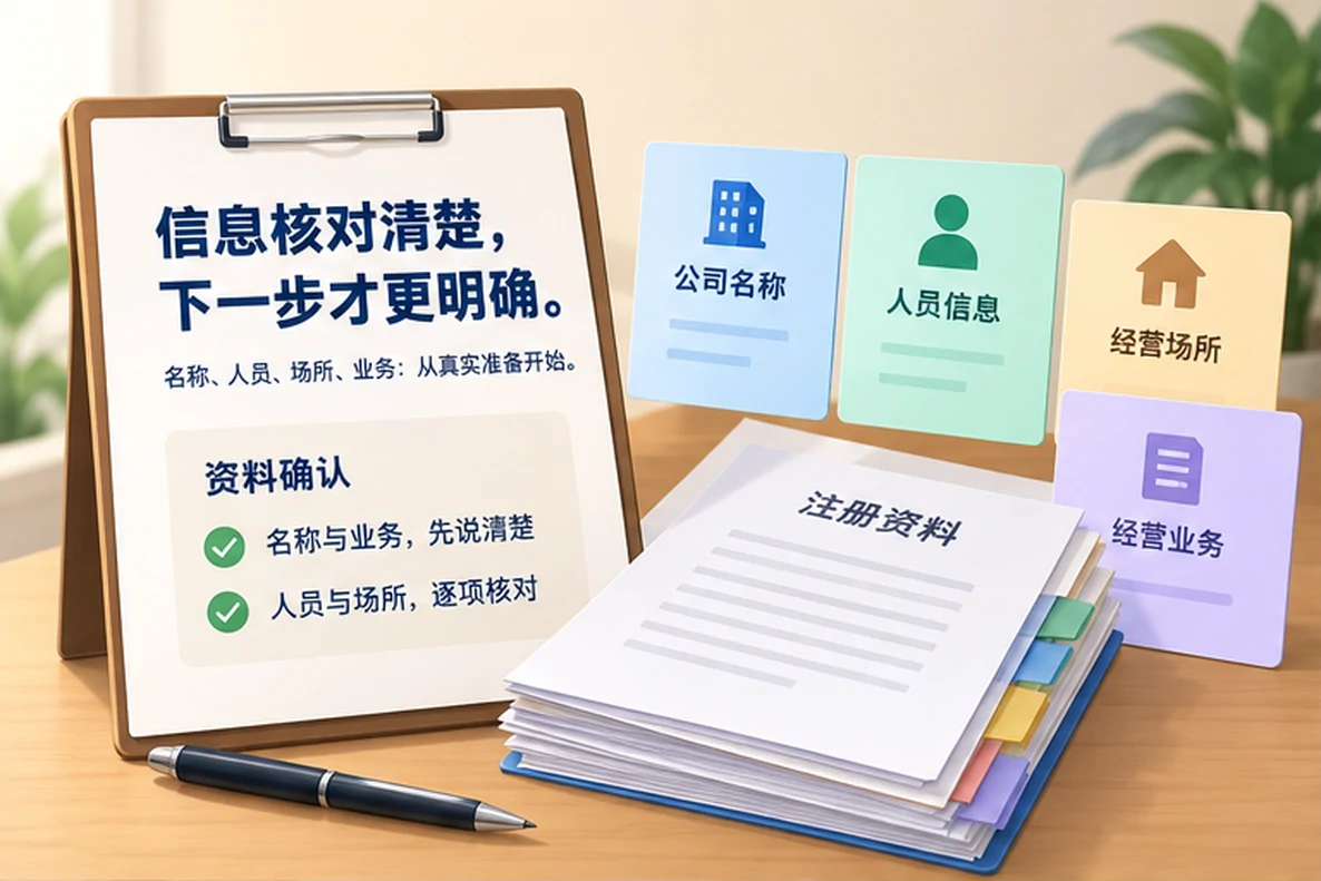 核对注册公司资料与办理事项的服务场景示意