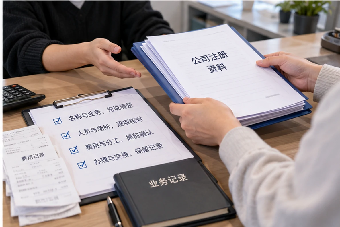核对注册公司资料与办理事项的服务场景示意