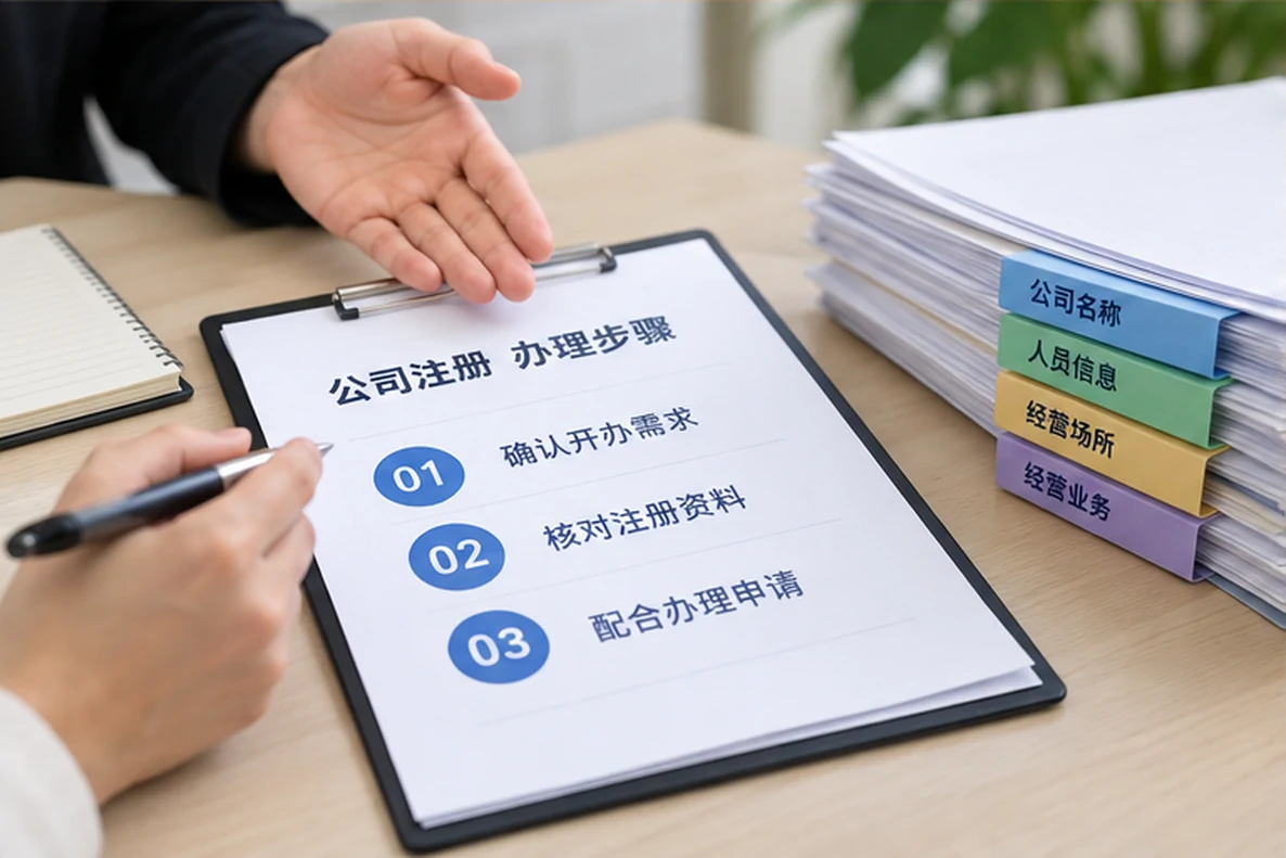 核对注册公司资料与办理事项的服务场景示意