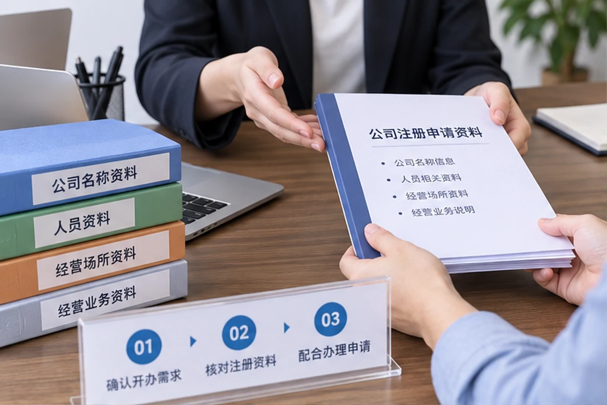 核对注册公司资料与办理事项的服务场景示意