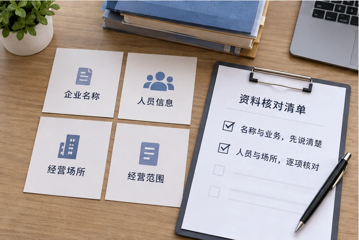 核对注册公司资料与办理事项的服务场景示意