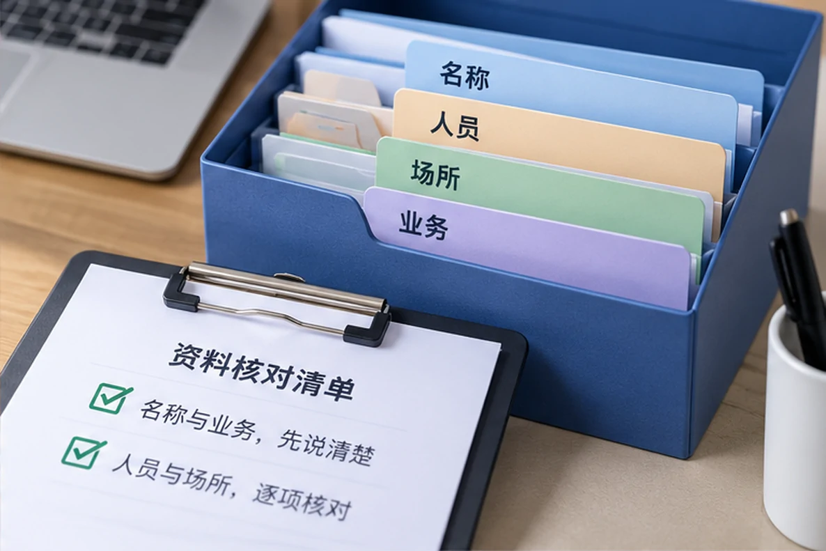 核对注册公司资料与办理事项的服务场景示意