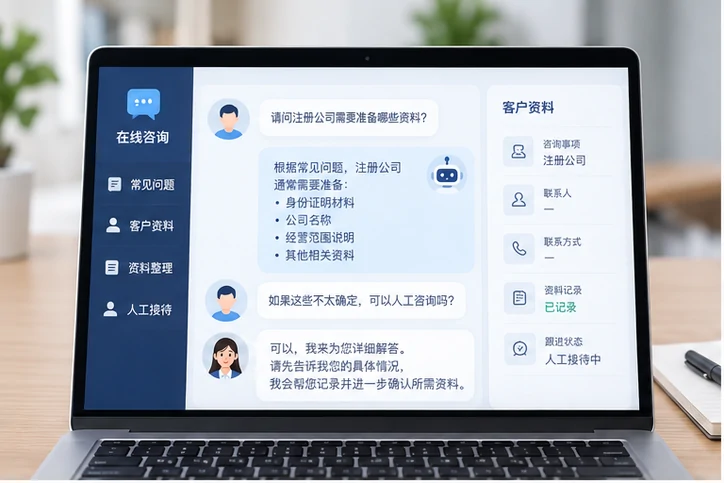 在线客服接待与咨询整理的服务场景示意