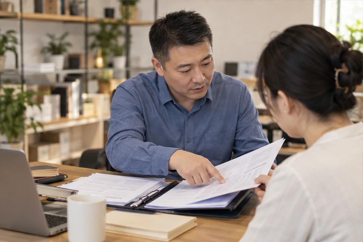 核对注册公司资料与办理事项的服务场景示意