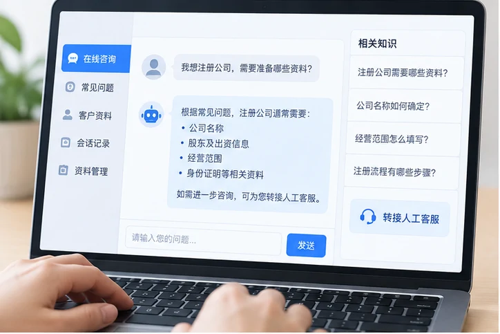 在线客服接待与咨询整理的服务场景示意
